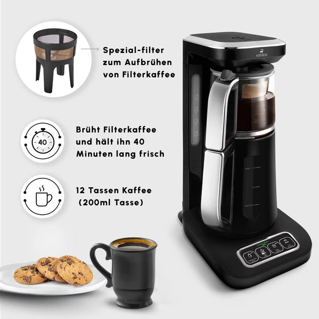 Karaca Caysever Robotea Pro 4 in 1 sprechender automatischer Teekocher Wasserkocher und Filterkaffeemaschine Chrome