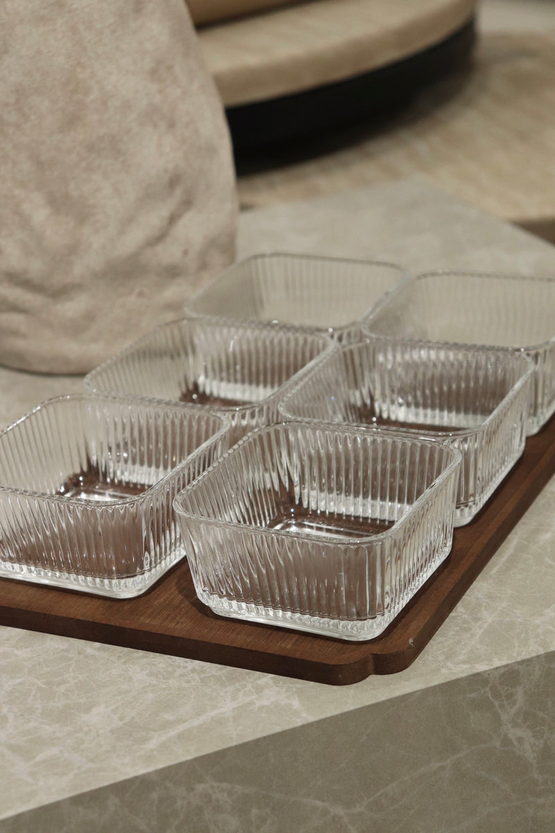 Glasschalen Snackset mit Holztablett 7 teilig