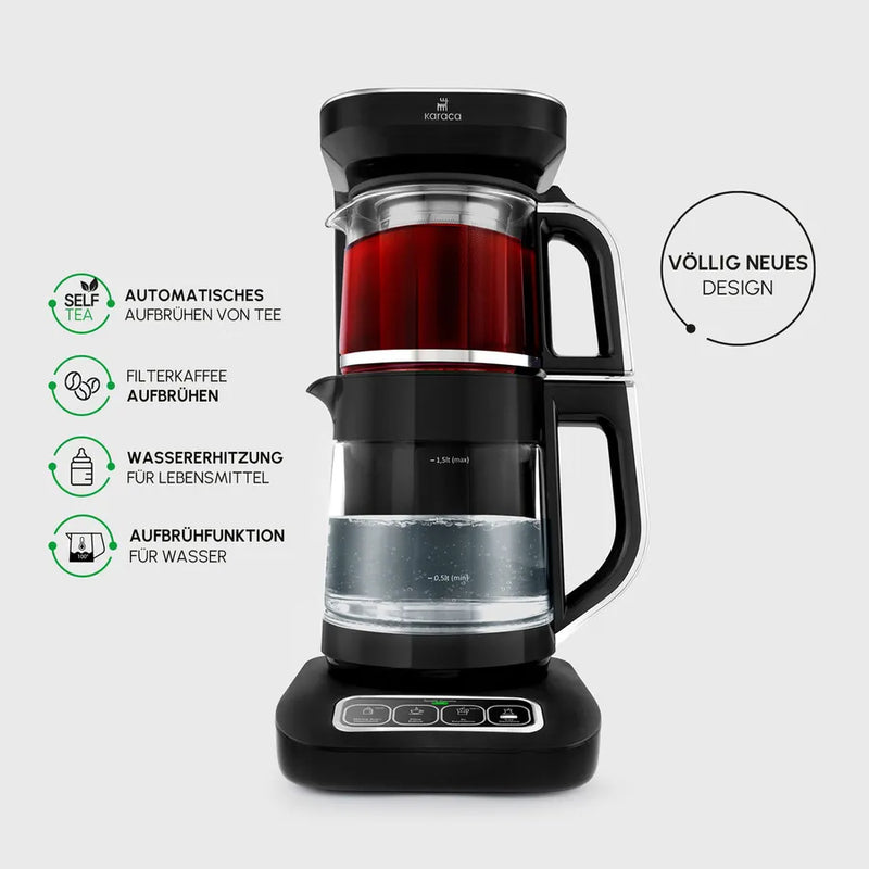 Karaca Çaysever Robotea Pro 4 in 1 Sprechende Automatische Glas-Teemaschine, Wasserkocher und Filterkaffeemaschine Schwarz Chrom