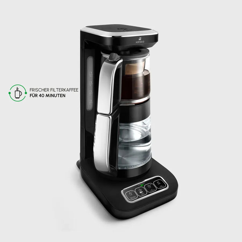 Karaca Çaysever Robotea Pro 4 in 1 Sprechende Automatische Glas-Teemaschine, Wasserkocher und Filterkaffeemaschine Schwarz Chrom