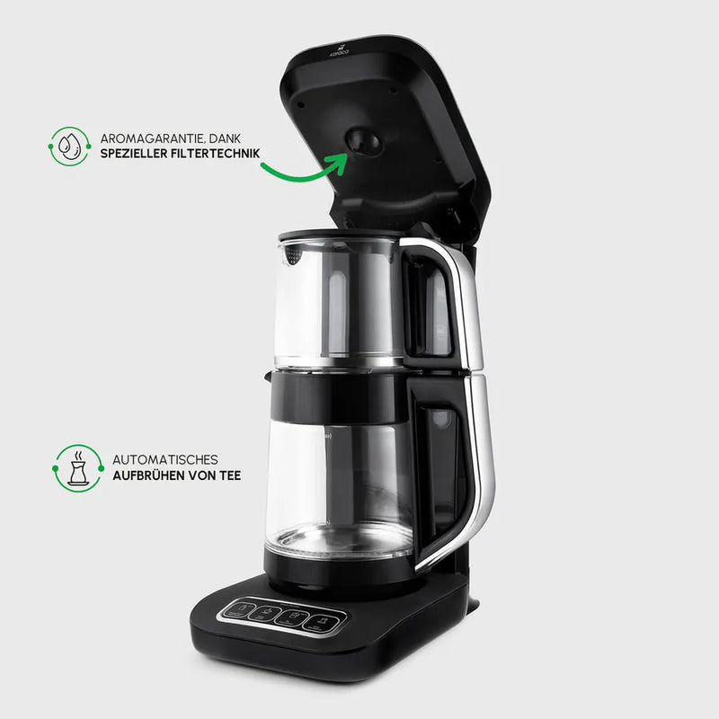 Karaca Çaysever Robotea Pro 4 in 1 Sprechende Automatische Glas-Teemaschine, Wasserkocher und Filterkaffeemaschine Schwarz Chrom