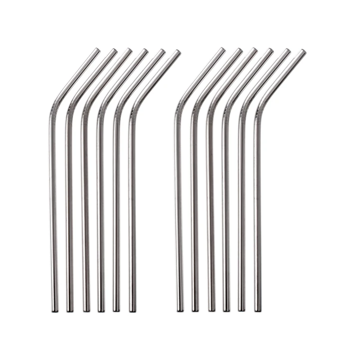 12 teilig Edelstahl Trinkhalm Set Silber Gebogen